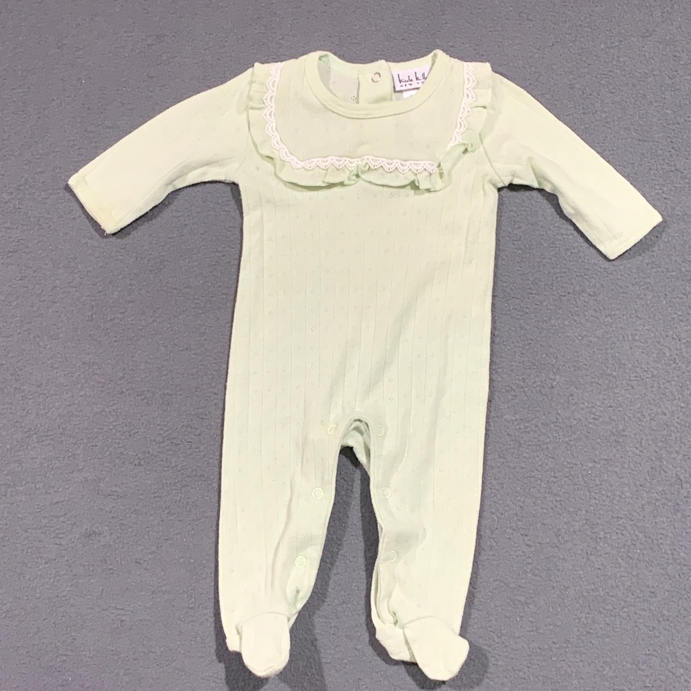 Nicole Miller NY Baby Girl Romper 3-6M Green Knit Lace Collar Footed Sleepwear